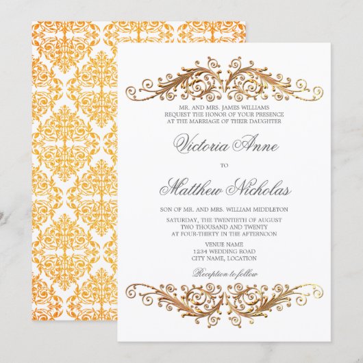 Invitation Faux Gold Flourish Damask (Devant / Derrière)