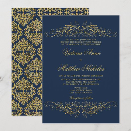 Invitation Faux Gold Flourish Damask Navy Blue (Devant / Derrière)