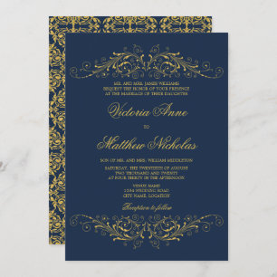Invitation Faux Gold Flourish Damask Navy Blue