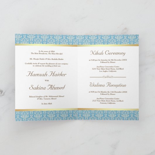 Invitation Faux Gold Foil bleu clair Damask Mariage musulman (Intérieur)