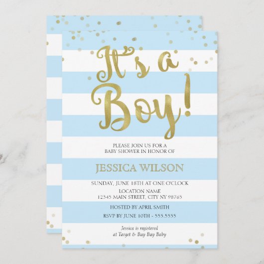 Invitation Faux Gold Foil, Blue Stripes Baby shower C'est un  (Devant / Derrière)