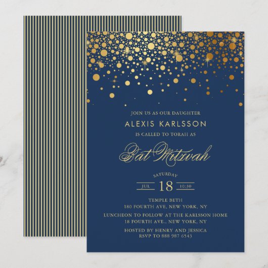Invitation Faux Gold Foil Confetti Bat mitzvah bleu marine (Devant / Derrière)