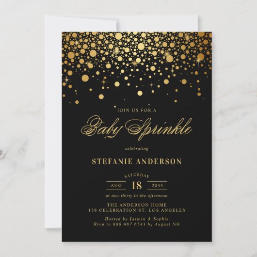 Invitation Faux Gold Foil Confetti Black Baby Sprinky (Devant)