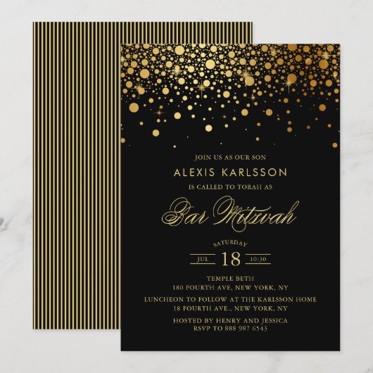 Invitation Faux Gold Foil Confetti Black Bar Mitzvah (Devant / Derrière)