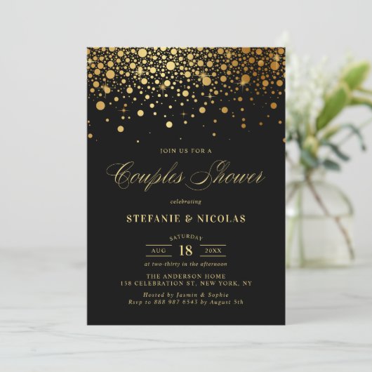 Invitation Faux Gold Foil Confetti Black Couples Douche (Debout devant)