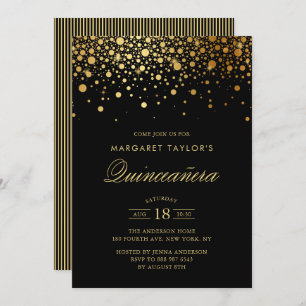 Invitation Faux Gold Foil Confetti Black Quinceañera