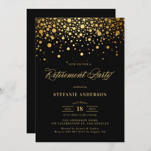 Invitation Faux Gold Foil Confetti Black Retirement Party (Devant / Derrière)