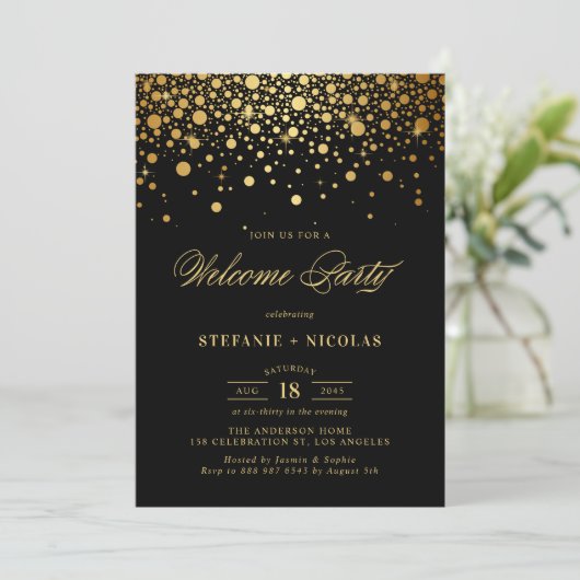 Invitation Faux Gold Foil Confetti Dots Black Welcome Party (Debout devant)