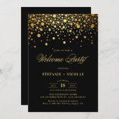 Invitation Faux Gold Foil Confetti Dots Black Welcome Party (Devant / Derrière)