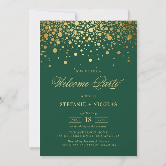 Invitation Faux Gold Foil Confetti Dots Green Welcome Party (Devant)