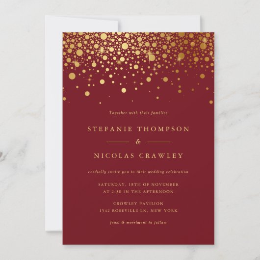 Invitation Faux Gold Foil Confetti Dots Mariage Bourgogne (Devant)