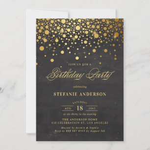 Invitation Faux Gold Foil Confetti Dots Noir Anniversaire