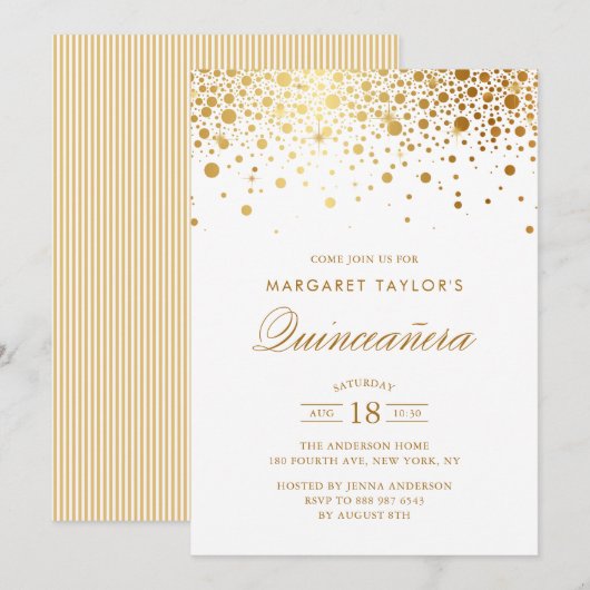 Invitation Faux Gold Foil Confetti Dots Quinceañera (Devant / Derrière)