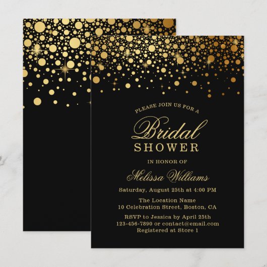 Invitation Faux Gold Foil Confetti | Fête des mariées noire (Devant / Derrière)