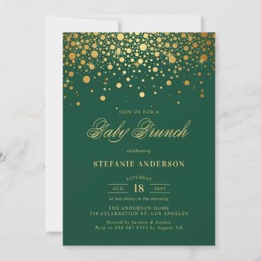 Invitation Faux Gold Foil Confetti Green Baby Brunch (Devant)