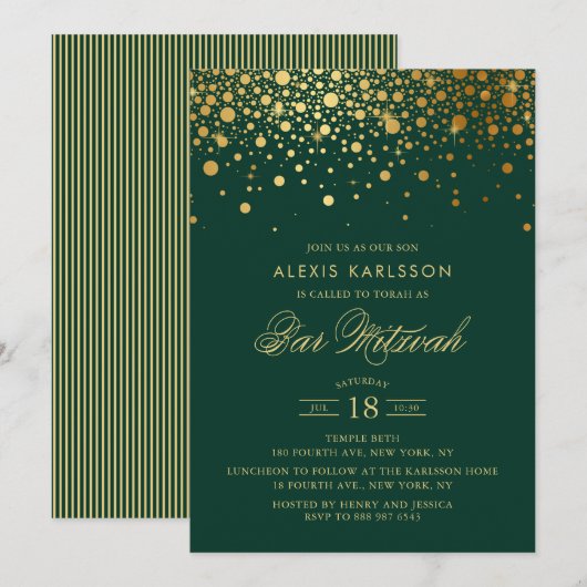 Invitation Faux Gold Foil Confetti Green Bar Mitzvah (Devant / Derrière)