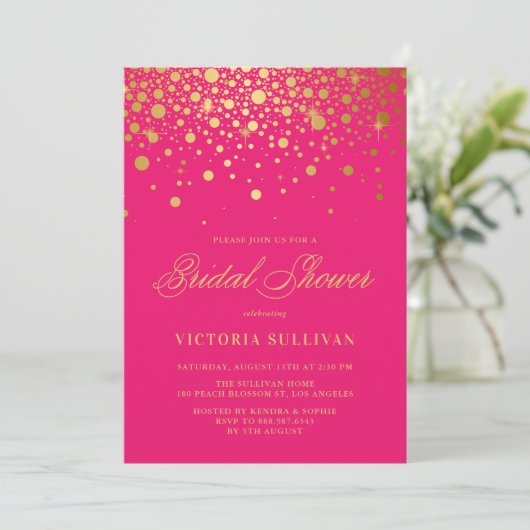 Invitation Faux Gold Foil Confetti Hot Pink Fête des mariées (Debout devant)