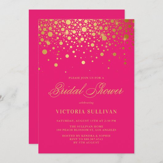 Invitation Faux Gold Foil Confetti Hot Pink Fête des mariées (Devant / Derrière)