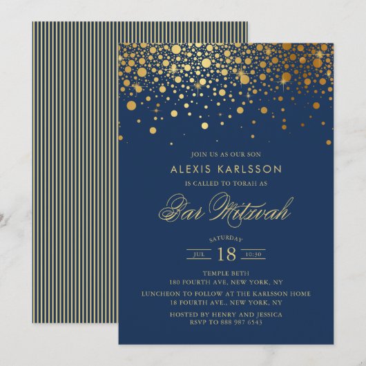 Invitation Faux Gold Foil Confetti Navy Blue Bar Mitzvah (Devant / Derrière)