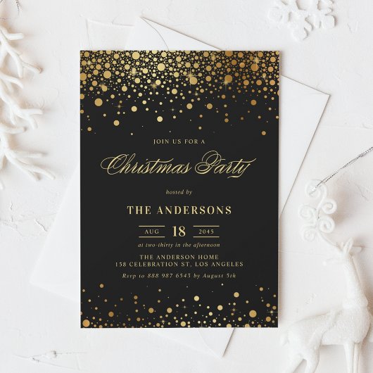 Invitation Faux Gold Foil Confetti Noël | Noir