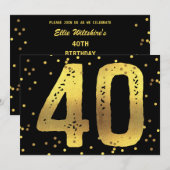 Invitation Faux Gold Foil Confetti Noir 40e fête d'anniversai (Devant / Derrière)