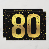 Invitation Faux Gold Foil Confetti Noir 80e anniversaire (Devant / Derrière)