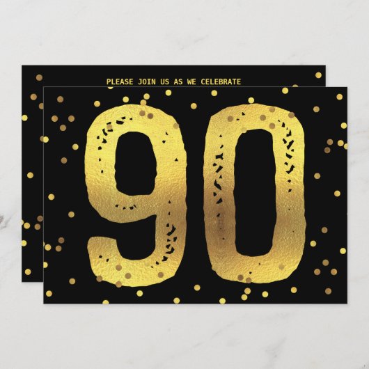 Invitation Faux Gold Foil Confetti Noir 90e fête d'anniversai (Devant / Derrière)