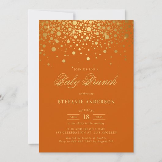 Invitation Faux Gold Foil Confetti Orange Baby Brunch (Devant)