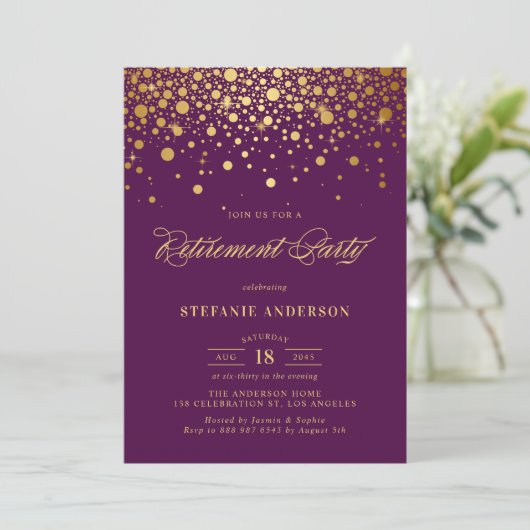 Invitation Faux Gold Foil Confetti Purple Retirement Party (Debout devant)