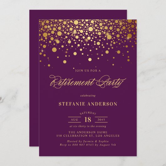 Invitation Faux Gold Foil Confetti Purple Retirement Party (Devant / Derrière)