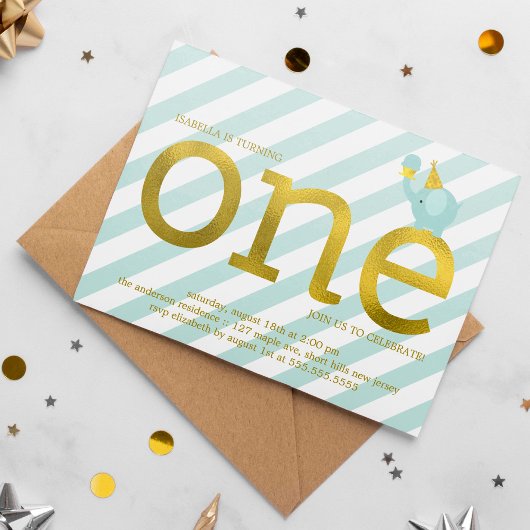 Invitation Faux Gold Foil Elephant Fête d'anniversaire