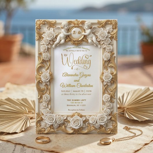 Invitation Faux Gold Foil Embossed Style Baroque Monogram