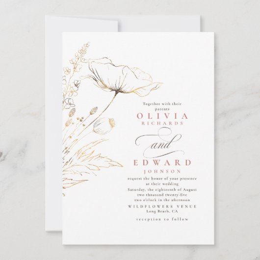Invitation Faux Gold Foil Fleurs sauvages Dusty Pink Mariage (Devant)