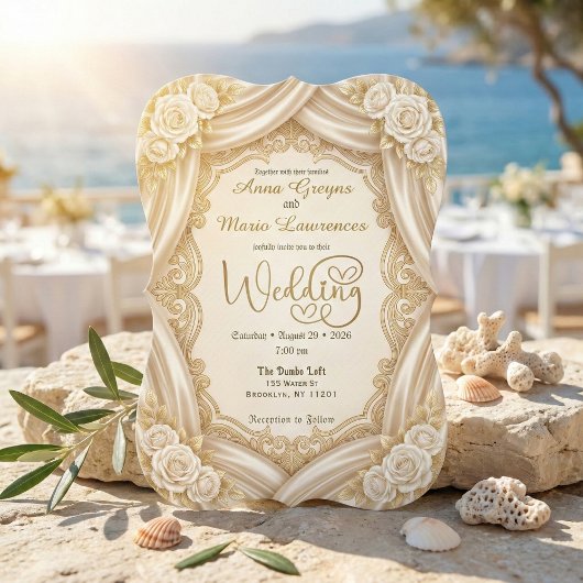 Invitation Faux Gold Foil Ornate Frame Printed Satin Wedding 
