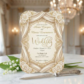 Invitation Faux Gold Foil Ornate Frame Printed Satin Wedding 