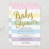 Invitation Faux Gold Foil, Pastel Rainbow Stripes Baby shower (Devant / Derrière)