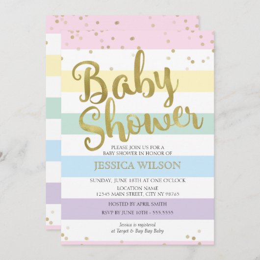 Invitation Faux Gold Foil, Pastel Rainbow Stripes Baby shower (Devant / Derrière)