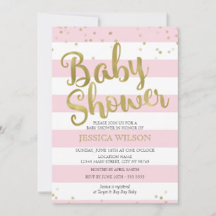 Invitation Faux Gold Foil, Pink Stripes Baby shower Girl