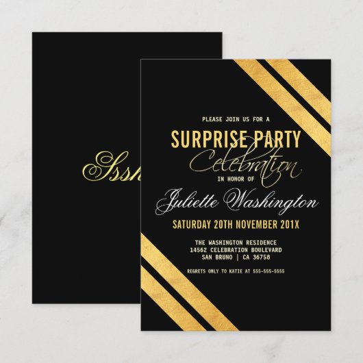Invitation Faux Gold Foil Strip Black Surprise Anniversaire (Devant / Derrière)