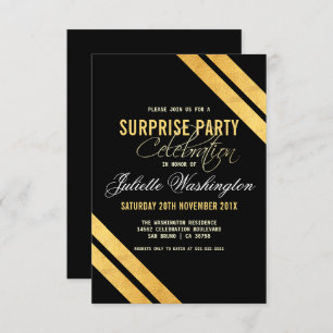 Invitation Faux Gold Foil Strip Black Surprise Anniversaire