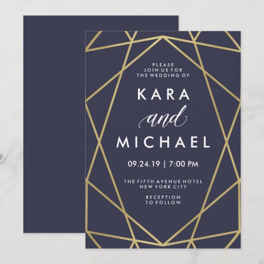 Invitation Faux Gold géométrique sur Mariage bleu minuit (Devant / Derrière)