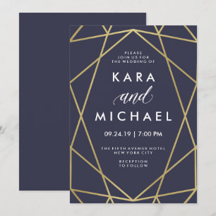 Invitation Faux Gold géométrique sur Mariage bleu minuit