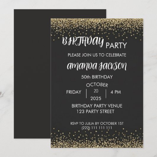 Invitation Faux Gold Glitter Black 50th Birthday Invite (Devant / Derrière)