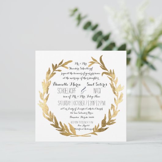 Invitation Faux Gold Laurel Wreath Olive Leaf Carré (Debout devant)