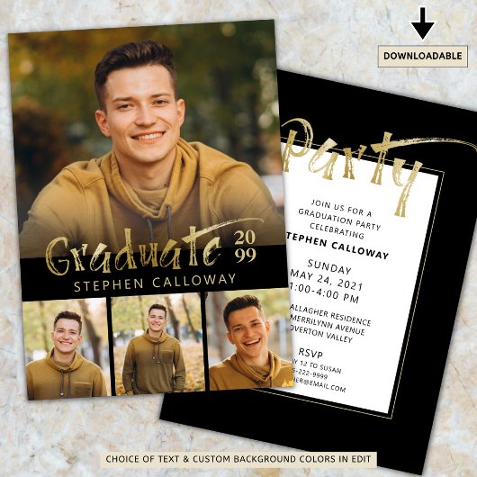 Invitation Faux Gold Metallic moderne 4 Photo Graduation Part