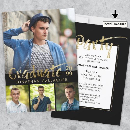Invitation Faux Gold Metallic moderne 4 Photo Graduation Part