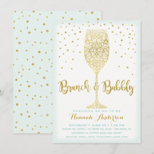 Invitation Faux Gold & Mint Brunch & Fête des mariées Bubbly (Devant / Derrière)