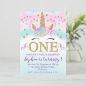 Invitation Faux Gold One Unicorn Rainbow 1er anniversaire (Debout devant)