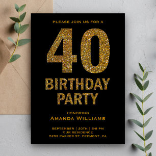 Invitation Faux Gold Parties scintillant 40e Anniversaire Fêt