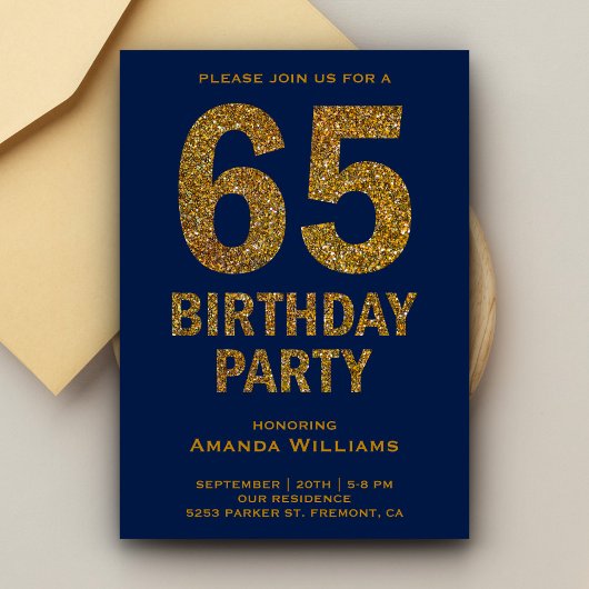 Invitation Faux Gold Parties scintillant 65e Anniversaire Fêt
